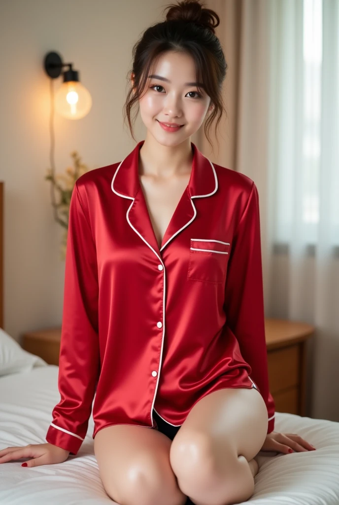 tmasterpiece, best qualtiy,1girll,Star face,A little smile emoji,Long legs,The skin is white and red, The eyes are bright and alert,Semi-curved eyebrows, Swallow red lip gloss, Jet black hair,(Embroidered ice silk shorts pajamas: 1.5),Silver-toned gemstone bracelet,Waterbed,The chest is extra-large
