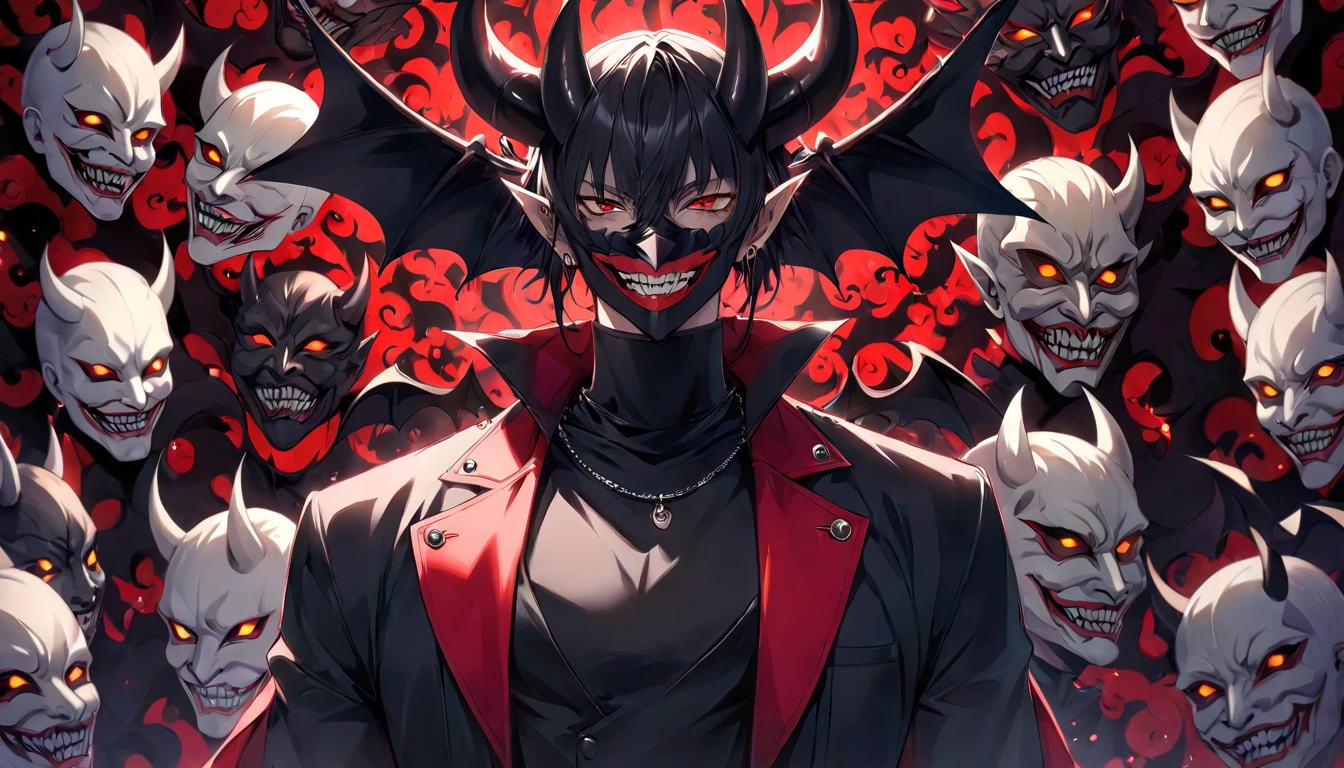 Demon, red, sharp teeth, male, black-red horns.