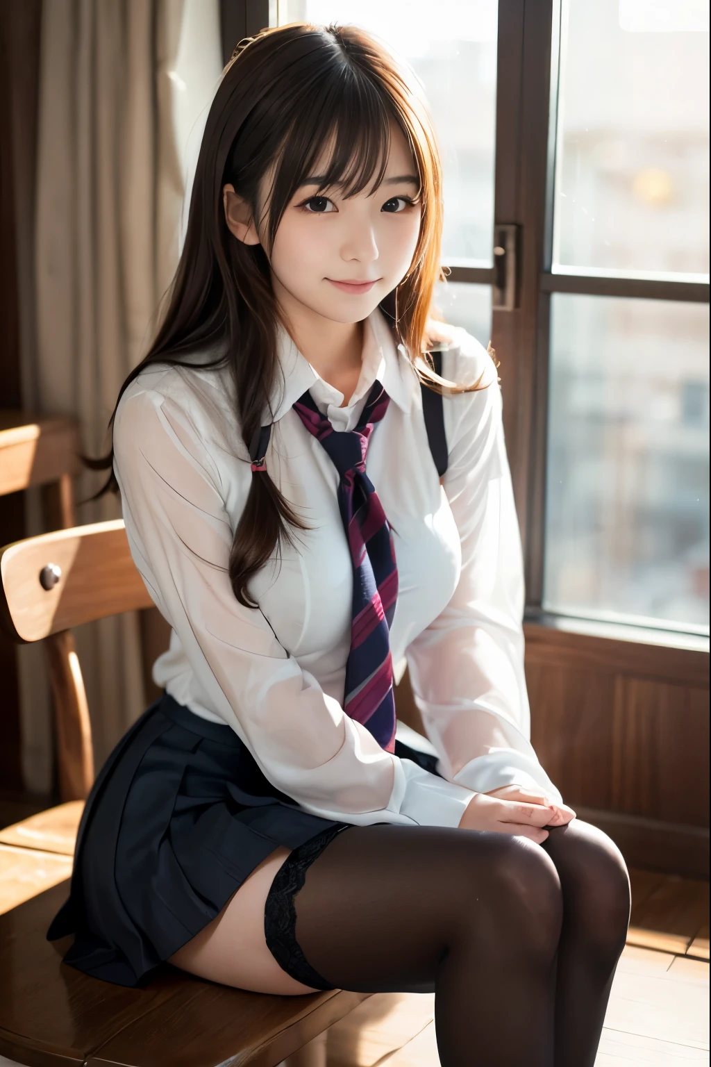 beautiful meticulous girl, very detailed eyes and face, beautiful and fine eyes, That's ridiculous, incredibly That's ridiculous, huge file size, Super detailed, High resolution, very detailed, highest quality, masterpiece, Kemomimi, ((Japanese girls' high school uniform)), figure, very detailed, cg, unity, 8k wallpaper, wonderful, small details, masterpiece, highest quality, very detailed cg uniform 8k wallpaper, face light, movie lighting, 1 girl, 16 years, (no panties) ), (((dynamic pose))), (camel toe), (half), (pantyhose), (Crooked knees and legs sitting))