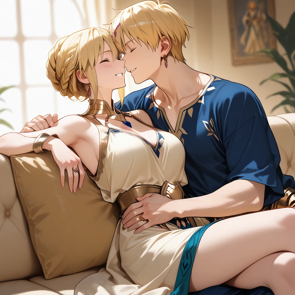 ((Highest quality)), ((masterpiece)), (detailed), (Perfect Face)、The woman is a Mongolian woman named Tsukino Usagi, and is wearing a gorgeous and colorful Mongolian traditional dress, Dale, in a Mongolian mansion, with gorgeous jeweled accessories and an engagement ring. The woman and the man are sitting on a gorgeous, large sofa in the luxurious room, and the woman is passionately embracing and passionately kissing a dignified, bearded middle-aged Mongolian man wearing a Mongolian traditional dress, and while the man is fondling her breasts, they are making passionate love as a married couple.、The woman is the elegant Tsukino Usagi, with her long blonde hair in a chignon twin tail, and wearing the colorful Mongolian national costume, the Mongolian Tsukino Usagi.、The man is a dignified, sturdy, bearded Mongolian man wearing Mongolian national dress.
