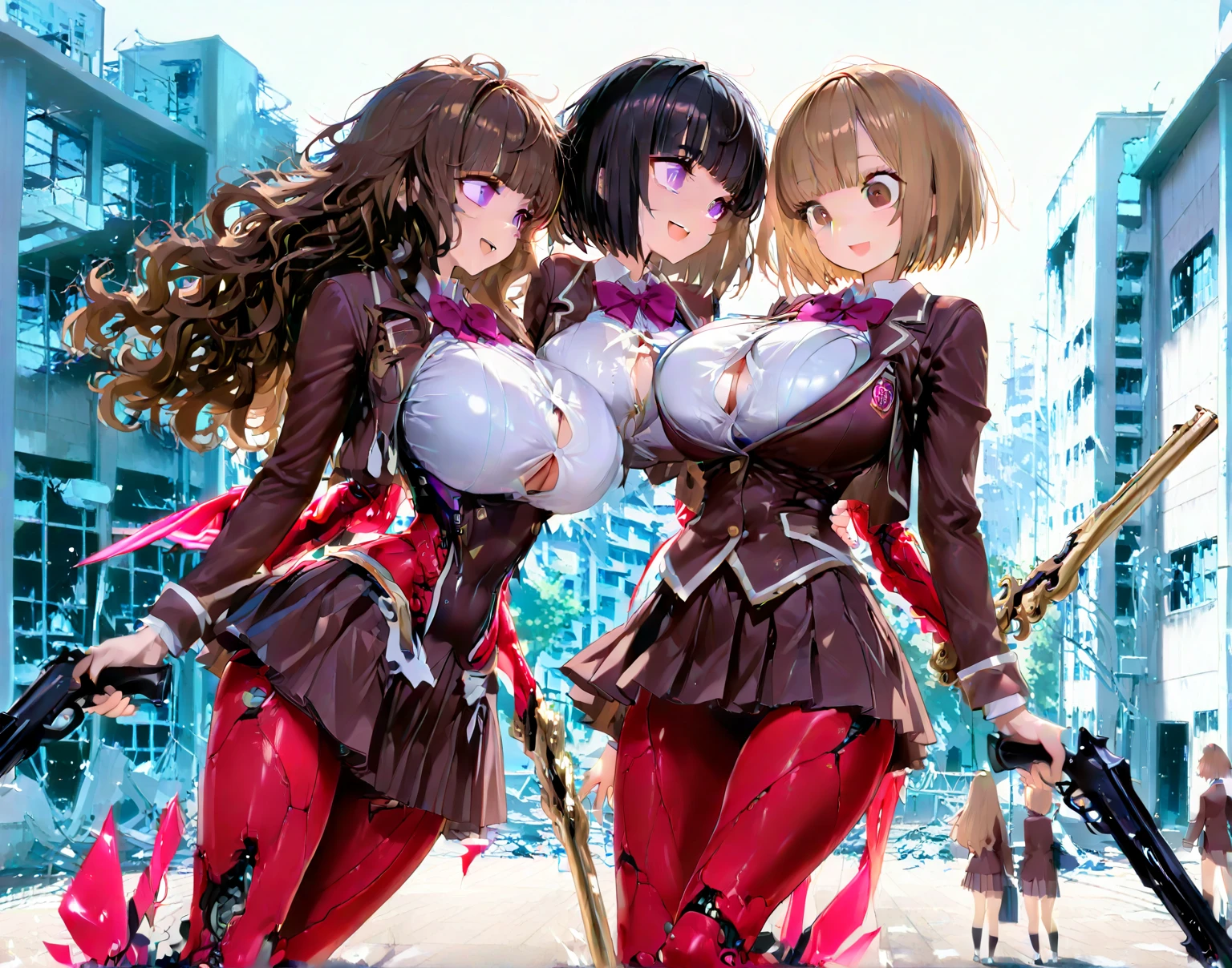3 busty women stand in the water of ((the fountain:1.2) behind them:1.2). They are wearing wet bikini tops and hot pants. Many drops of water are on their bodies. smiling, gigantic breasts, giga_busty