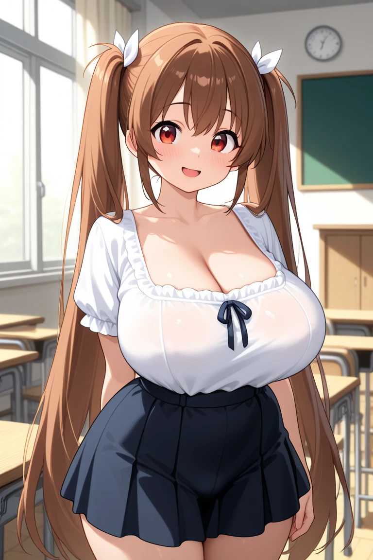 masterpiece, highest quality:1.2), holo, alone,Are standing_Split, (Sitting pose), Long Hair, Brown Hair, Dog ears, smile, (Big huge massive larger Breasts:1.2), White Lingerie，blue denim mini skirt, A bushy tail grows from its waist.,