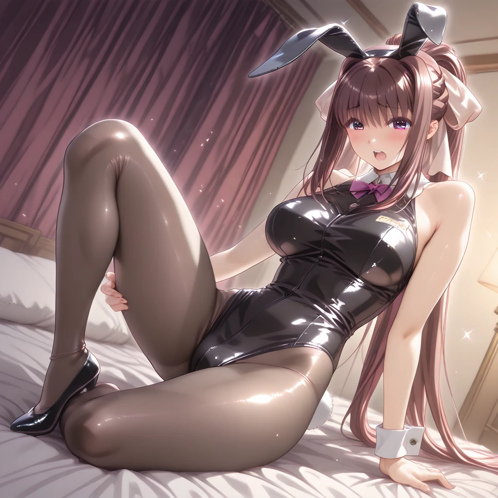 masterpiece, highest quality,beautiful eyes, beautiful hair, beautiful face, beautiful skin, solo, 1 girl, erect nipples, anime girl, (whole body), curvy, beautiful breasts,shiny skin,shining eyes, smooth skin, glowing skin, soft skin, shiny skin, （A purple high-leg bunny girl leotard with no decorations on the shoulders, neck, or other parts.)、side boob, cleavage, bare legs, high heels, pink hair, (bare neck:1.3), (bare shoulder:1.3), (bare collarbone:1.3)