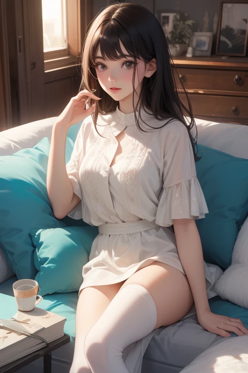 Sleeping girl, 19 years old, realistic, she is wearing small dress, she is wearing transparent dress, [nfsw,],brown hair.