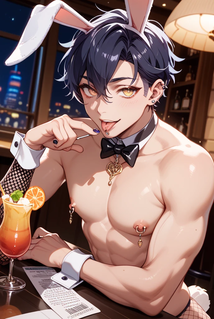 masuter piece，An ultra-high picture quality，One Boy, Brown Shorthair，Shaking a shaker at a cocktail bar counter, Wearing men&#39;s bunny girl clothes, well-muscled, shining abs, Looking at Viewer, red blush, Beautiful and accurate facial depiction