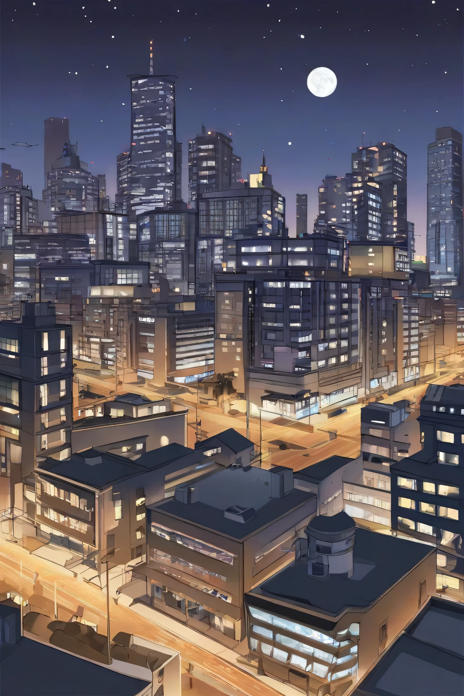 create a comic background scene of a city at nigh