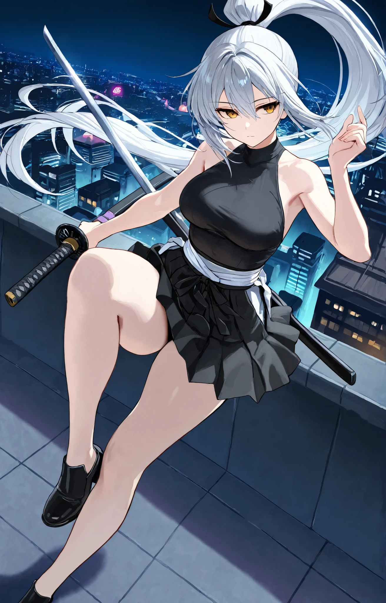 masterpiece, best quality, 1girl, grey hair, shoulder length hair, wavy hair, black hairband, auburn eyes, beautiful detailed eyes, beautiful detailed face, cute face, stoic, professional, ninja, black leotard, black tactical gloves, bare legs, gold bracelets, black thigh-high boots, using katana blade, scabbard, cityscape, night, noir atmosphere.