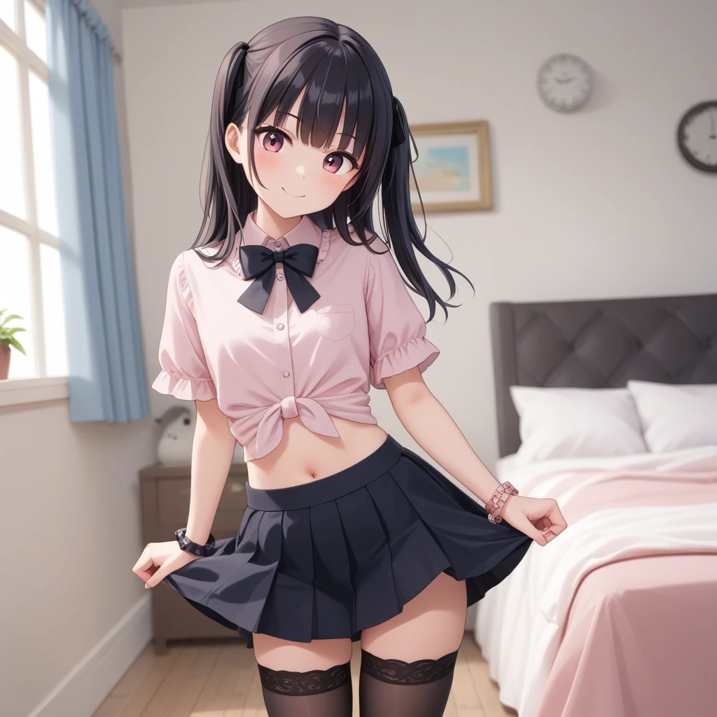 (masterpiece, highest quality, High resolution, realistic pictures, real skin:1.1), 1 Japanese girl, alone, Full-bodied Esbian, beautiful, shining eyes, provocative look, medium long hair, (Long collar shirt, pleated mini skirt, cardigan, loose socks: 1.1), (Skirt that folds up automatically: 1.5), (fully exposed panties: 1.5), black loafers, (Are standing: 1.5), (lift up the skirt with both hands: 1.5), (satin panties: 1.5), NSFW