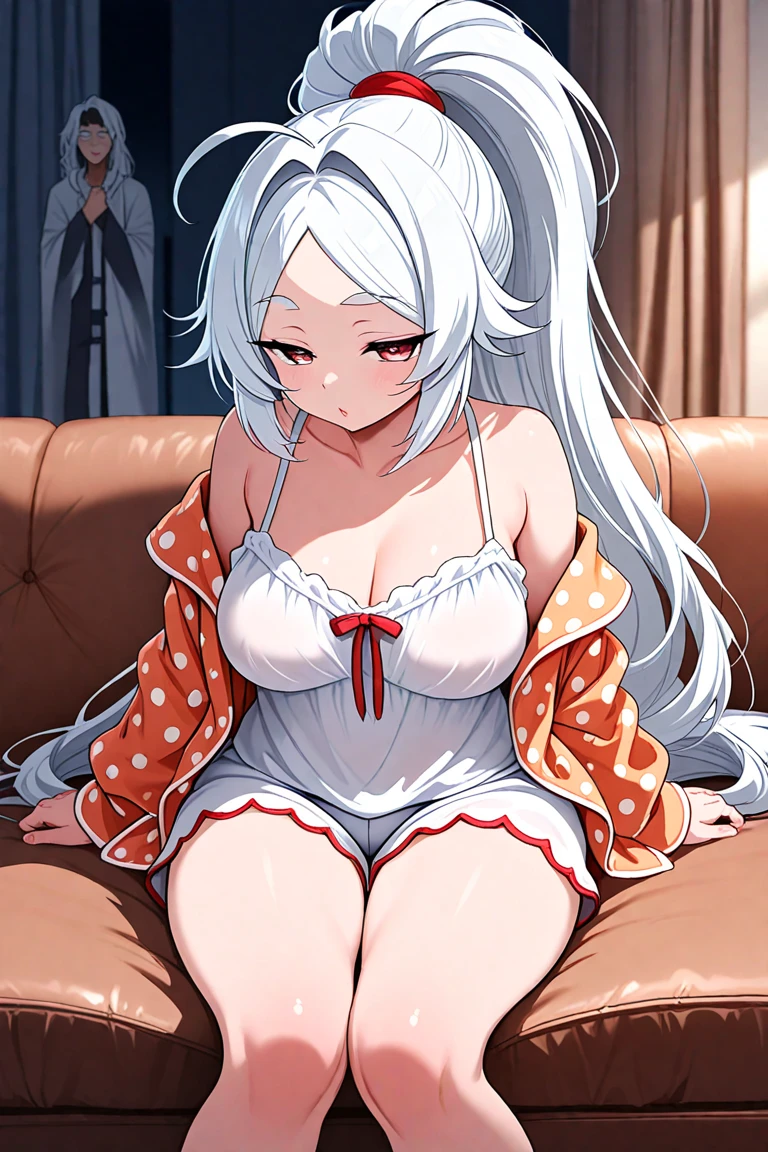 A girl wearing red lingerie,White hair,sit on a bed