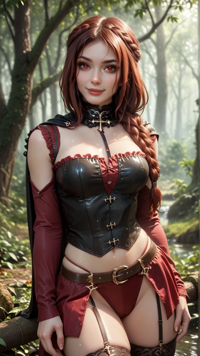 photo of Meowko, RAW, beautiful woman, ((portrait)), ((detailed face:1.2)), ((detailed facial feature, detailed skin, glossy lips, shiny luscious lips, clear skin), (long candy red hair, straight hair, bangs, Candy fuchsia hair, bright pink hair: 1.55), (slender body, narrow waist, narrow hips, skinny body, huge breasts), revealing clothes, (wearing brown leather, cowl, cloak, corset, skirt, long boots, buckles, straps, pouches, green fabric, brown leather: 1.5), (sitting in forest on a log: 1.15), (realistic photo, best quality, detailed), (8k wallpaper), (cinematic lighting, beautiful light, (day:1.3)) (sharp focus, intricate)
