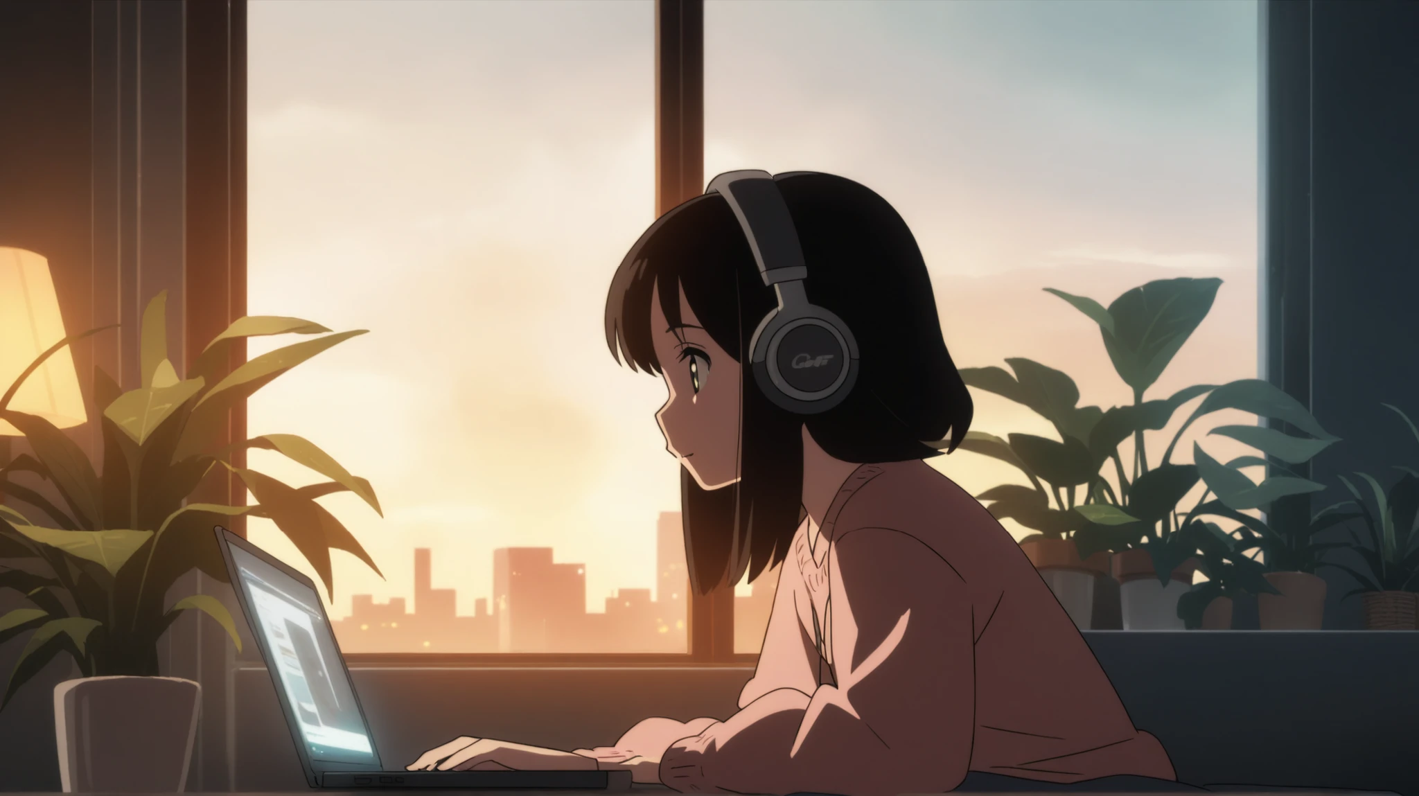 a girl using a laptop at night near a large window, warm light inside, city lights outside, headphones on, surrounded by houseplants and cozy decor, anime style, lofi aesthetic, soft glow, cinematic framing
