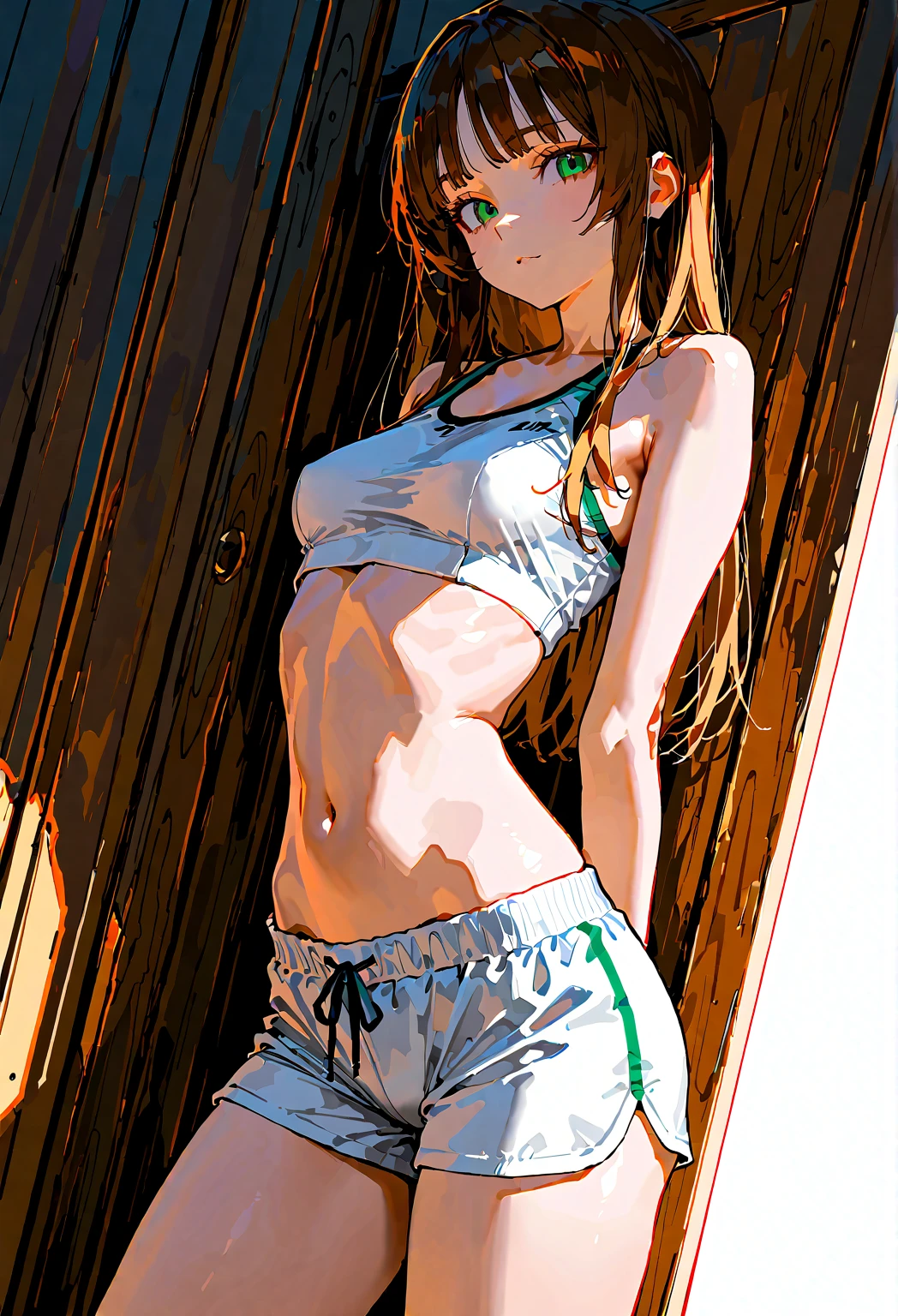 Imagine a stunning anime girl with tan skin, wearing a bikini top and cargo pants, lying on the floor in a state of starvation and discomfort. Her ribs are visible and her sweat glistens in the light, a range of styles and variations to choose from for this stylistic rendering.