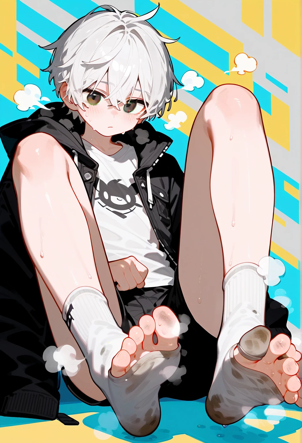 Kemono with white fur, and blue eyes, wearing a black hoodie, while sitting on a couch