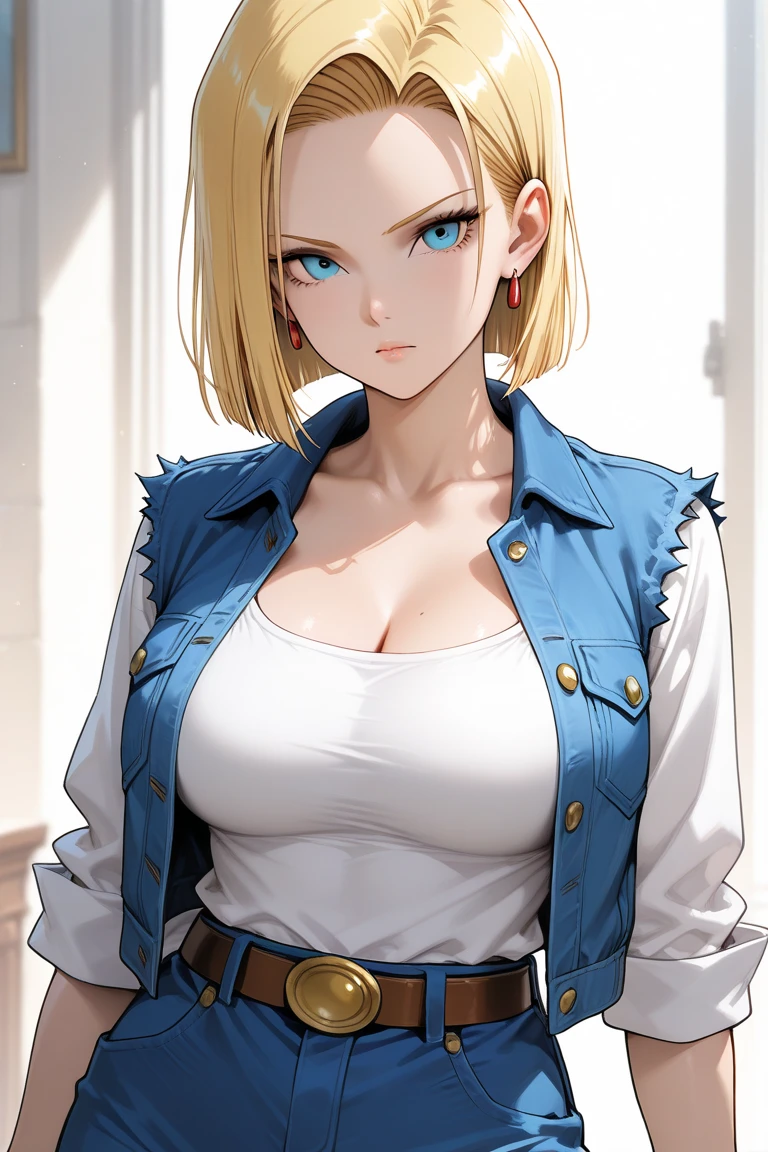 devil hs,color square background,
1girl,solo,android 18, blonde hair,lips, huge breasts,  short hair, blue eyes, looking at viewer, denim, belt, shirt, skirt, pantyhose, white background, vest, denim skirt, jacket, cleavage,
<lora:devil hs sd-000006:0.8> ,<lora:android_18_v110:0.6>
