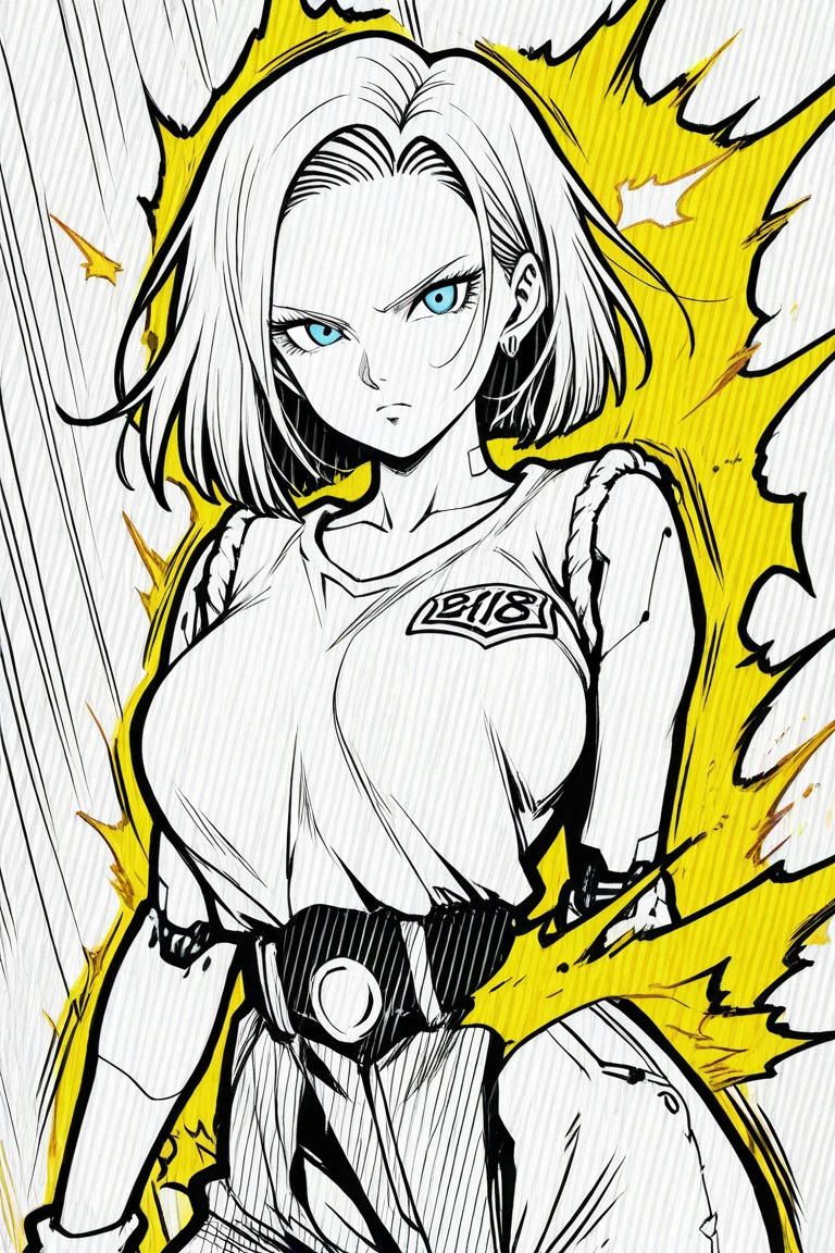 ((lineart, monochrome)),best quality,  and18, 1girl, android 18, ((greyscale, monochrome, in boichi manga style))