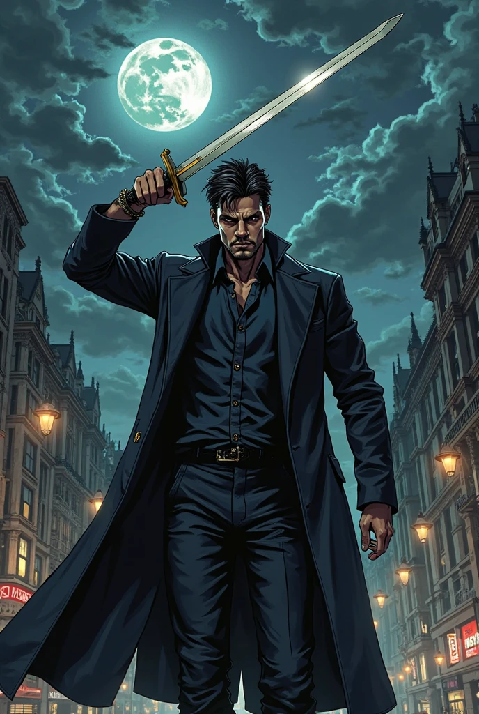 (Male Vampire in the modern city), Lords of blood, magic power, iron sword with (blood magic) in the vampire's hand, long (sliver) hair, myths of moonrise, return of shadow, modelshoot style, (extremely detailed CG unity 8k wallpaper), full shot body photo of the most beautiful artwork in the world, professional majestic oil painting by Ed Blinkey, Atey Ghailan, Studio Ghibli, by Jeremy Mann, Greg Manchess, Antonio Moro, trending on ArtStation, trending on CGSociety, Intricate, High Detail, Sharp focus, dramatic, photorealistic painting art by midjourney and greg rutkowski