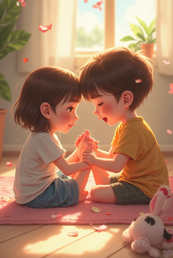 Boy tickling cute girl's feet in socks