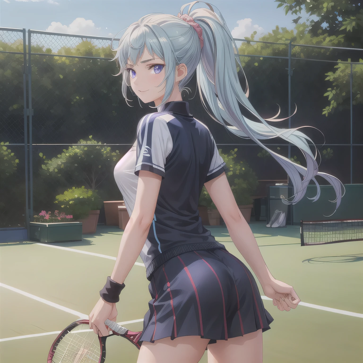 Rear view、panty shot、tennis wear、Beautiful Girl Magician、silver hair upstyle、((whole body))、(((photo taken from below)))、Tennis court