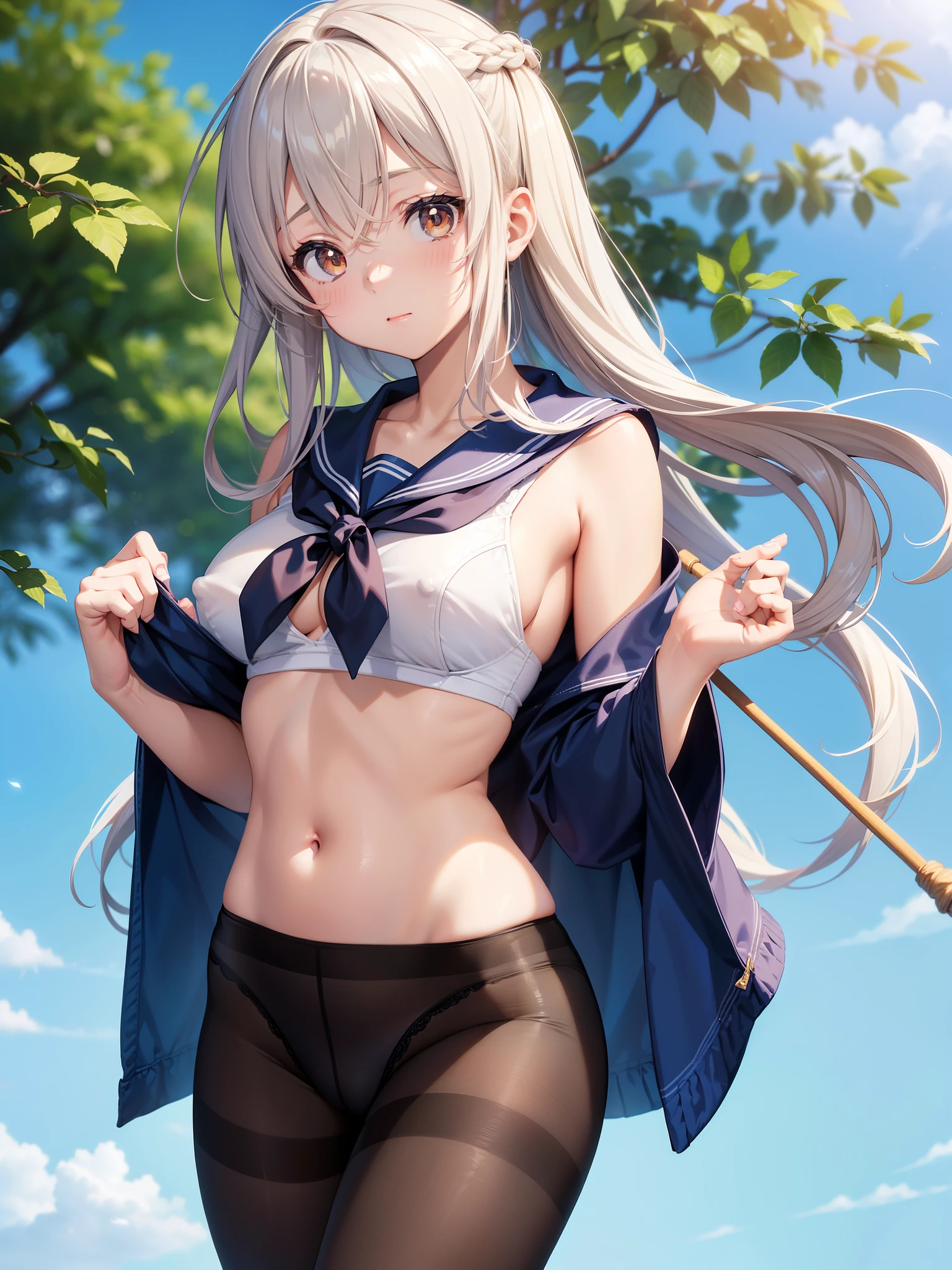 masterpiece, best quality, ultra detailed, ((striped panties)), (cowboy shot, crotch is close-up:1.2, ground-level, from below, mini skirt, KanColle Shimakaze, from front),