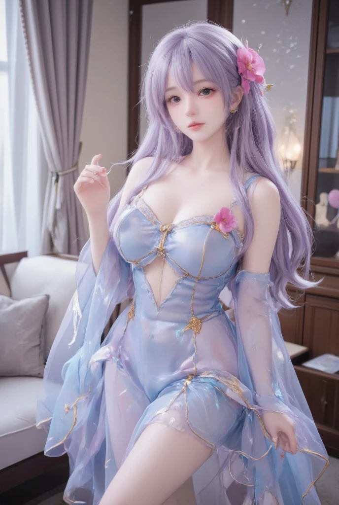 The upper part of the body、one girls、i have silver hair color、Two-tone、(Pink Highlight Hair、Curly hair/floral hair band、very Bigger breasts、(The highlight is the gorgeous floral lace)Ao Dai、The chest is open、with slit、Shining magic circle、Countless glowing spheres float、Glowing soap bubbles、shining chandelier