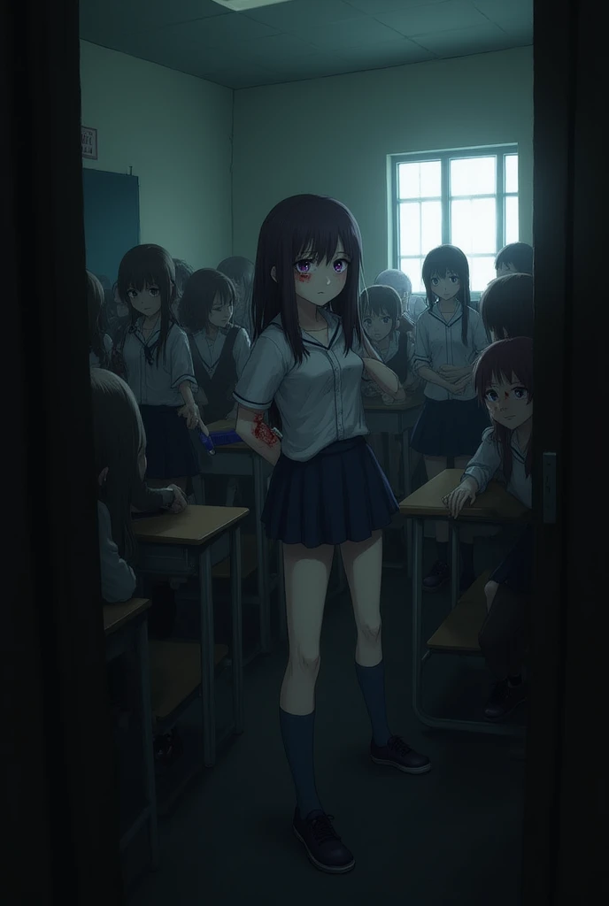 A group of high school girls wearing black long skirts、The boy lying on the floor has his neck grabbed、a bag is placed over his head to suffocate him.。,Girl with pink hair、blue eyes、Twin Drill