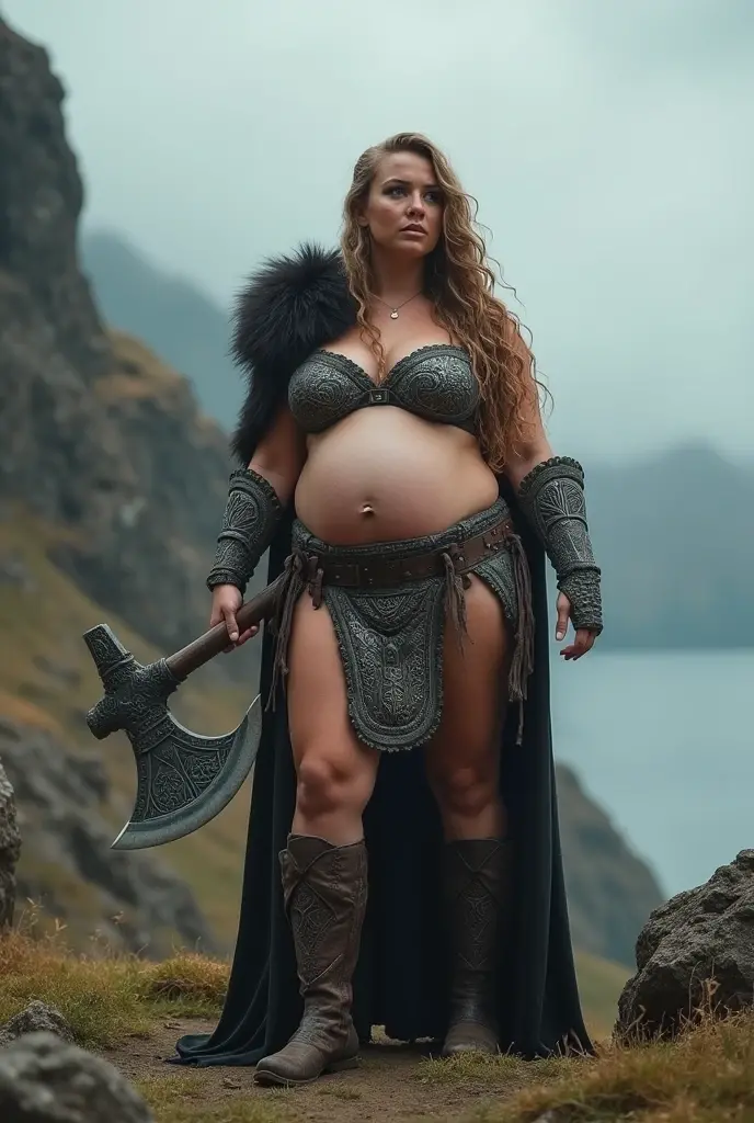 Very huge big belly viking woman battle bikini armor huge axe