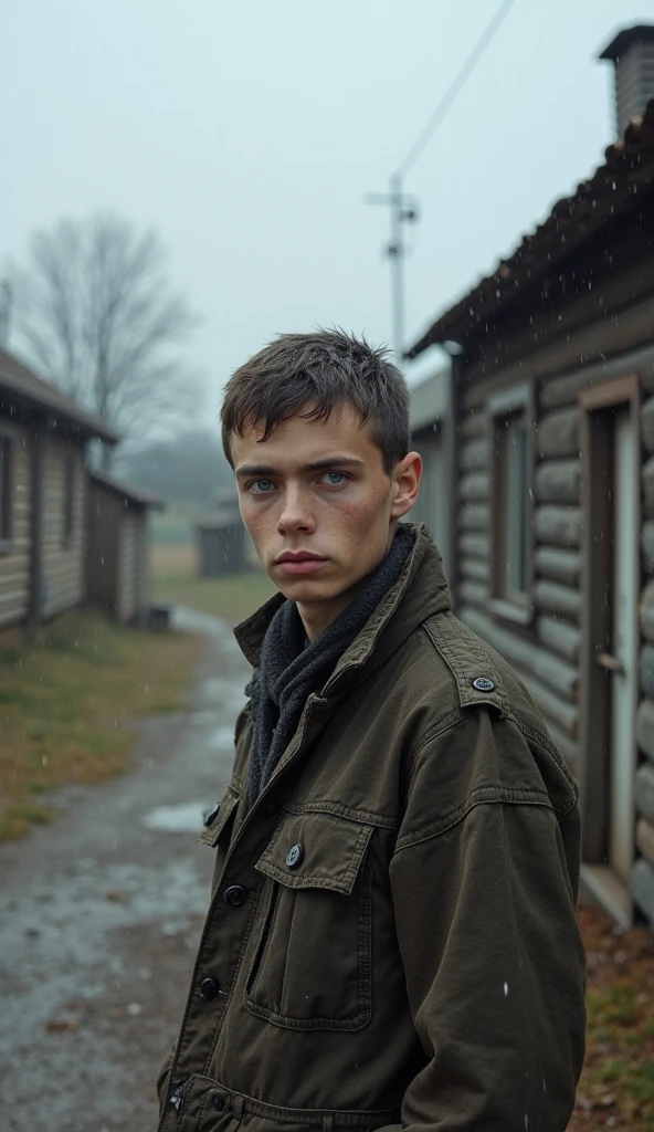 Create a high-resolution image of a very young crying soldier wearing a very worn-out uniform. Half-body shot with a neutral blurred background.