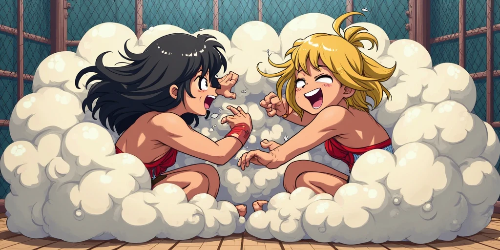 Cartoon of three women in bikini, Estilo Anime Ecchi, Fanart oficial, Estilo anime Gainax, cel sombreado:15, Blushes, sorriso bonito, olhos bonitos