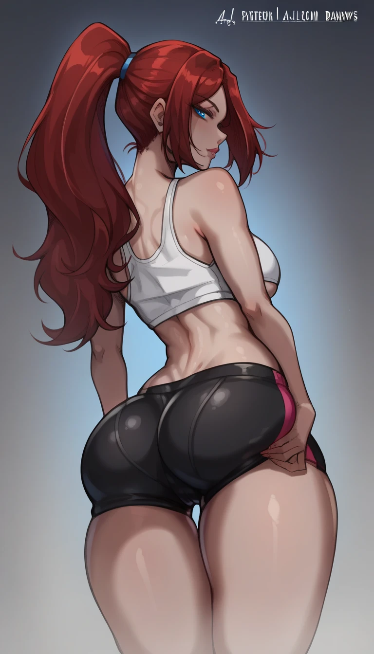 girl, wide hips, upshorts, cropped hoodie, sports cap, ass view, from below, long messy red hair, pony tail, urban style, undersized clothes, big ass, huge breasts, underboob