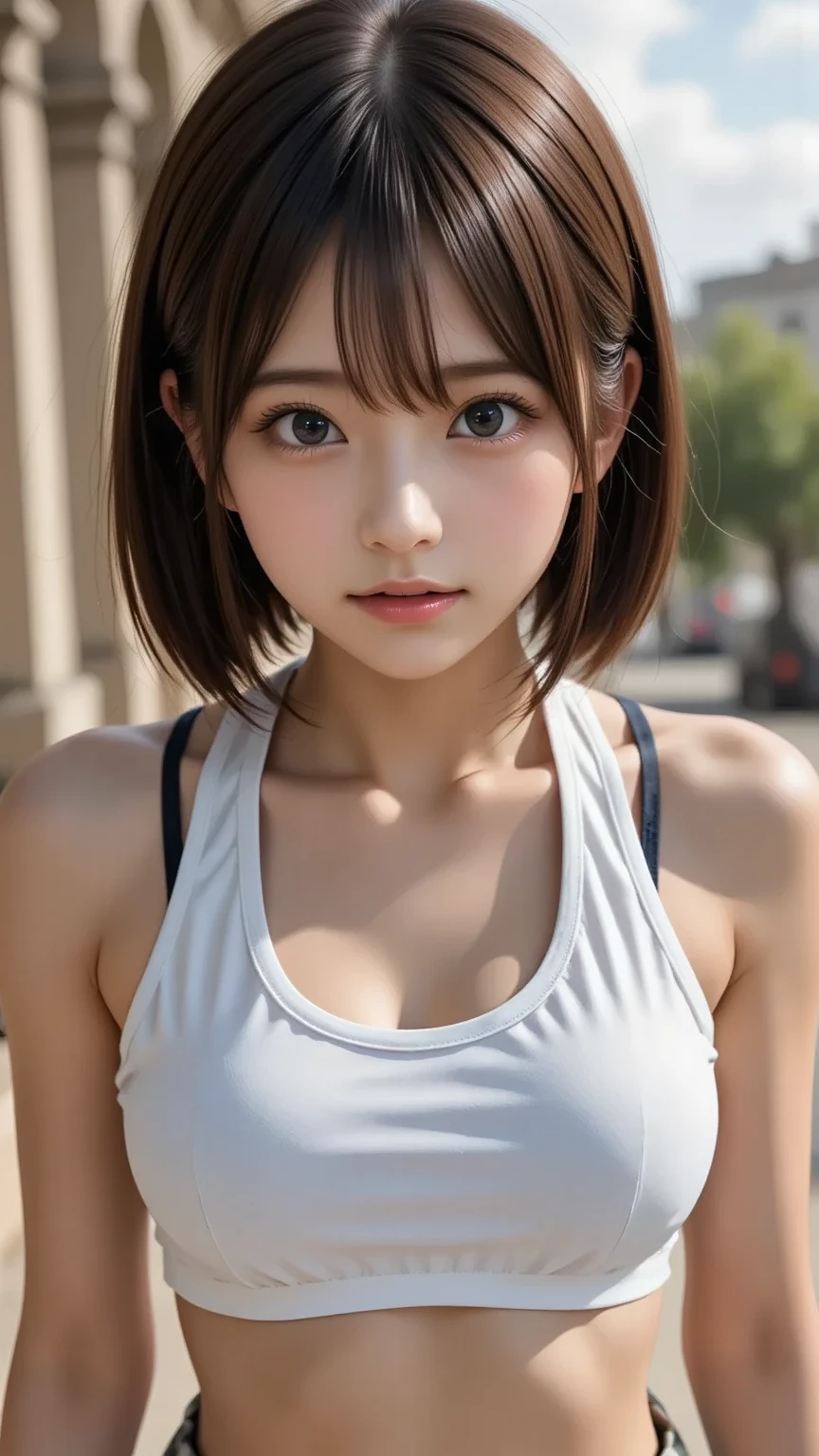 upper body, masterpiece, best quality, raw photo, photorealistic, big, face light, shiny skin, high resolution, super detail, detail, detailed eyes and face, sharp pupils, realistic pupils, sharp focus, shiny skin, cute smile, brown hair, sporty clothes, short hair