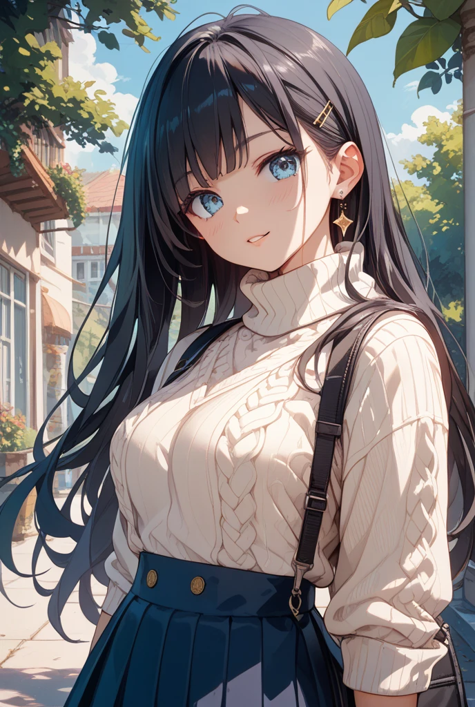 ((table top, highest quallity, high resolution, nffsw, pixel perfect, Written limit depth, 4K, nffsw, nffsw))), 1 girl, Solteiro, standing alone, cute anime girl, beautiful art style, anime character, ((long hair, bangss, chestnut hair)), ((greeneyes:1.4, round eyes, Beautiful eyelashes, realisitic eyes)), ((face detailed, blush:1.2)), ((smooth texture:0.75, realisitic texture:0.65, realisitic:1.1, anime CG style)), dynamic angle, ((brown sweater, longsleeve, Black Skirt, plaid hip skirt, chic, 1 diamond necklace)), ssmile, amusement park, ((Cherry blossoms, Cherry blossomsの花が散る))