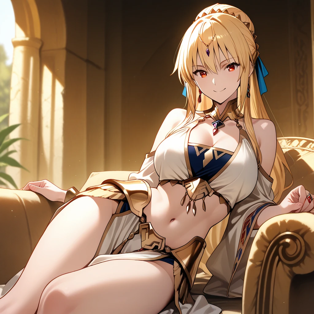 A priestess wearing a white bikini,Valkyrie,Leaning forward towards me、Crossing your legs、Sitting on the bed、Wearing a golden tiara、Healing、Angel Wings,belly button,simple,Particles of light,Thighs,Shiny skin,Big Mouth、Perfect lighting, One adult woman, Open Mouth Smile、(Highest quality), maternal, Porcelain-like skin,光沢のあるsimple青い瞳、Very long honey blonde straight hair