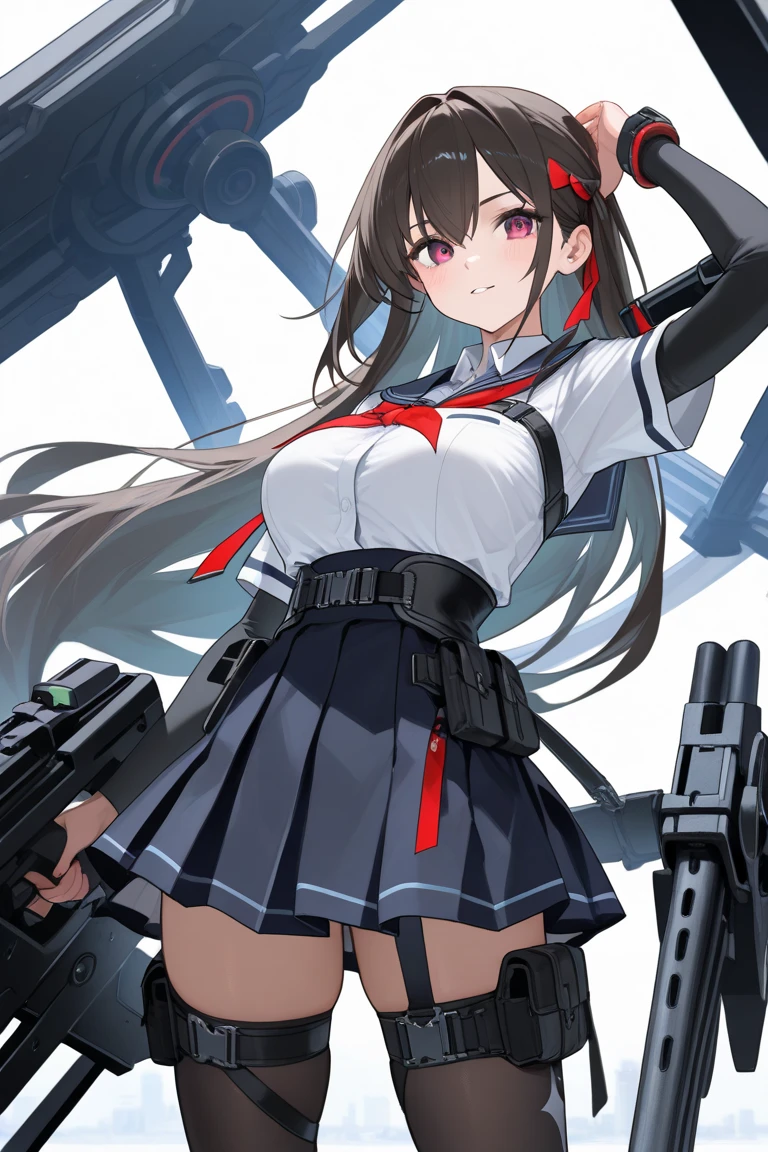 ayanami rei, bangs, belt, black hair, blue eyes, hair between eyes, hood, logo, looking at viewer, medium breasts, pantyhose, purple eyes, red eyes, school uniform, shield, shirt, short hair, simple background, skirt, smile, solo, souryuu asuka langley, streaked hair, white gloves
