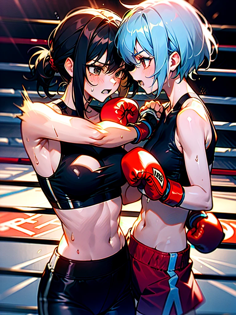 {female boxer, black hair, ponytail, navy blue sports bra, ((blue boxing gloves)), sweat all over body, beating, inferiority, fatigue}and {opponent short-haired female boxer, offensive}, female boxing match, (((two women)), two face to face