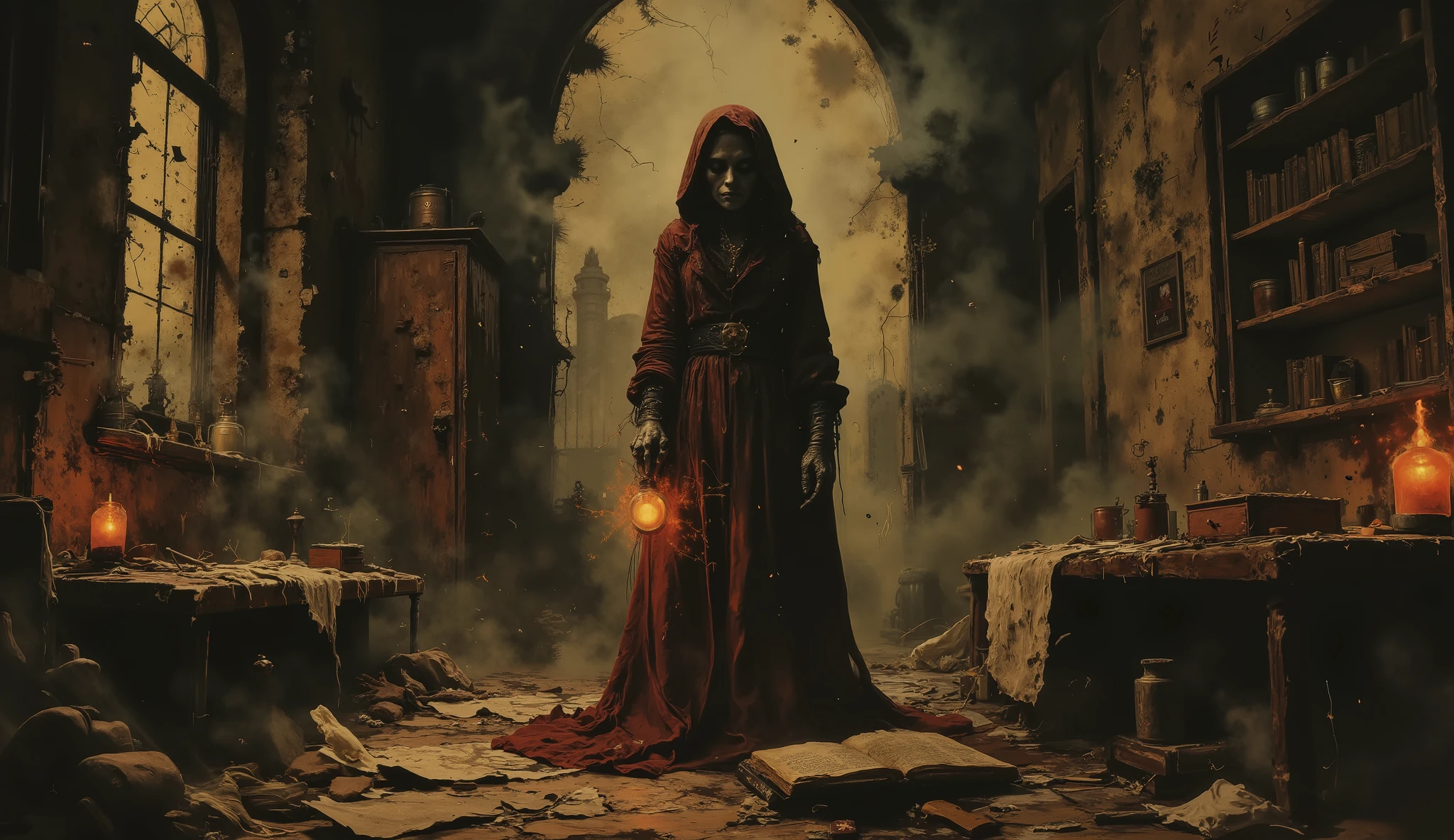 Surreal horror, ethereal apparition, abandoned house, dilapidated, darkness, shadows, haunting art, high detail, masterpiece.
