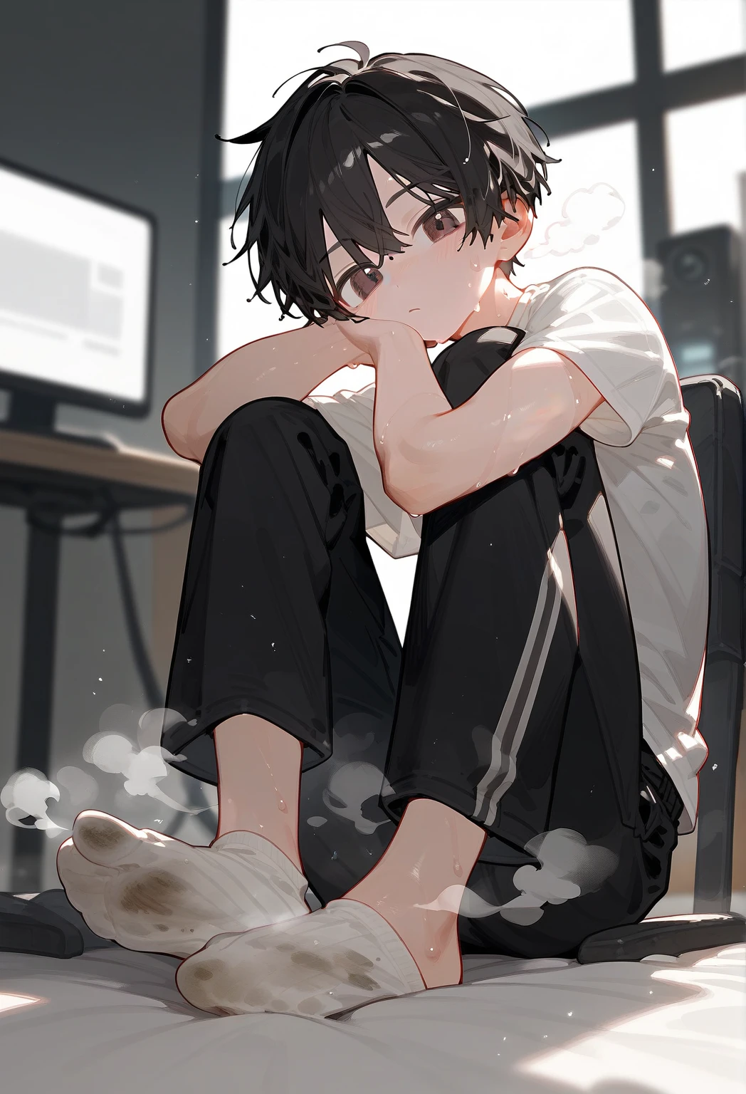 sad man hiding it's face with it's knees and is inside a phone with bad texts a victim of cyberbullying