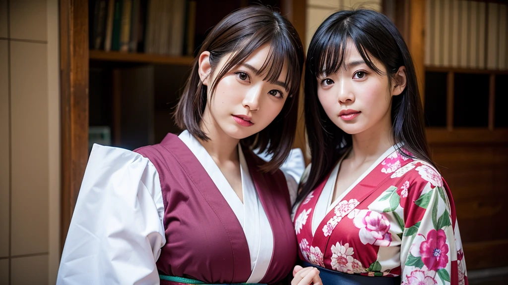(RAW photo, 4k, masterpiece, high resolution, extremely complex) (realistic: 1.4), cinematic lighting
 ((2 girls)),Slam Dunk's,blushing,((innocent)),(Dark makeup),bright eyes,round eyes,blunt bangs,(straight hair:1.3),black hair,large chest,wide hips,Summer Noon, 20 year old girl、cute type、lolita,Hot, (Best Quality), (Highres), (an Extremely Delicate and Beautiful),(Beautiful 8k face),(Brown eyes),short bob hair,( spectators),(heavy chest),(Play with each other,Touching each other's bodies,Touching the body),((idol, kimono:1.3)),(reality),bright lighting,(The background is a luxury hotel room)
