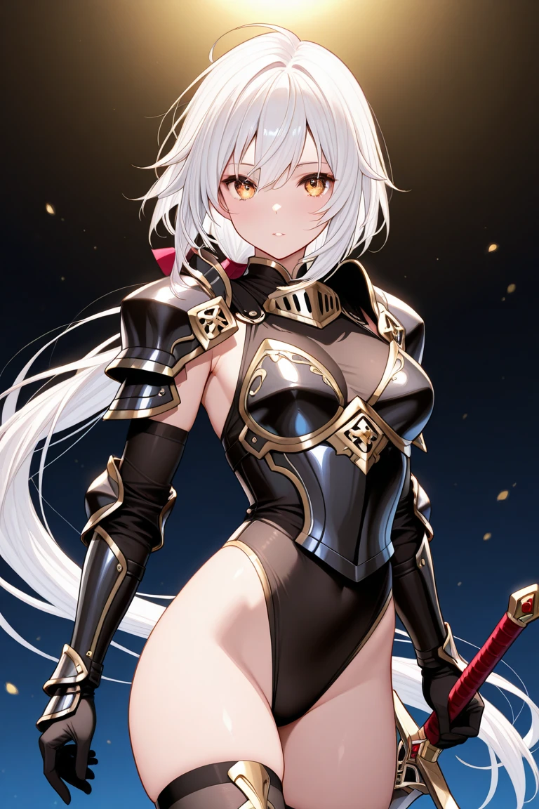 (highres, best quality), far from frame, (1:1), Adult female, (detailed, highly detailed), soft lighting, (color_contrast), Long white hair, brown eyes, rabbit ears, rabbit tail, fitted armor, full body armor, medium breasts, brandishing a sword, on a battlefield, looking fierce, looking determined, detailed eyes, cute, toned body, sexy body, thick thighs, muscular arms