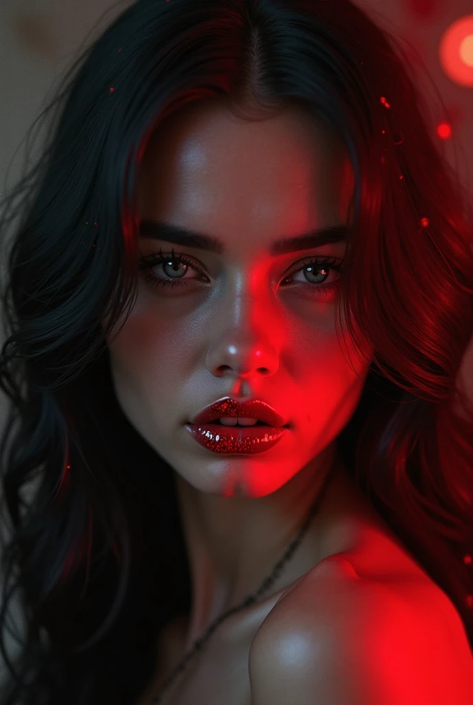 The image is a digital illustration of a woman with red lips and red splattered background.