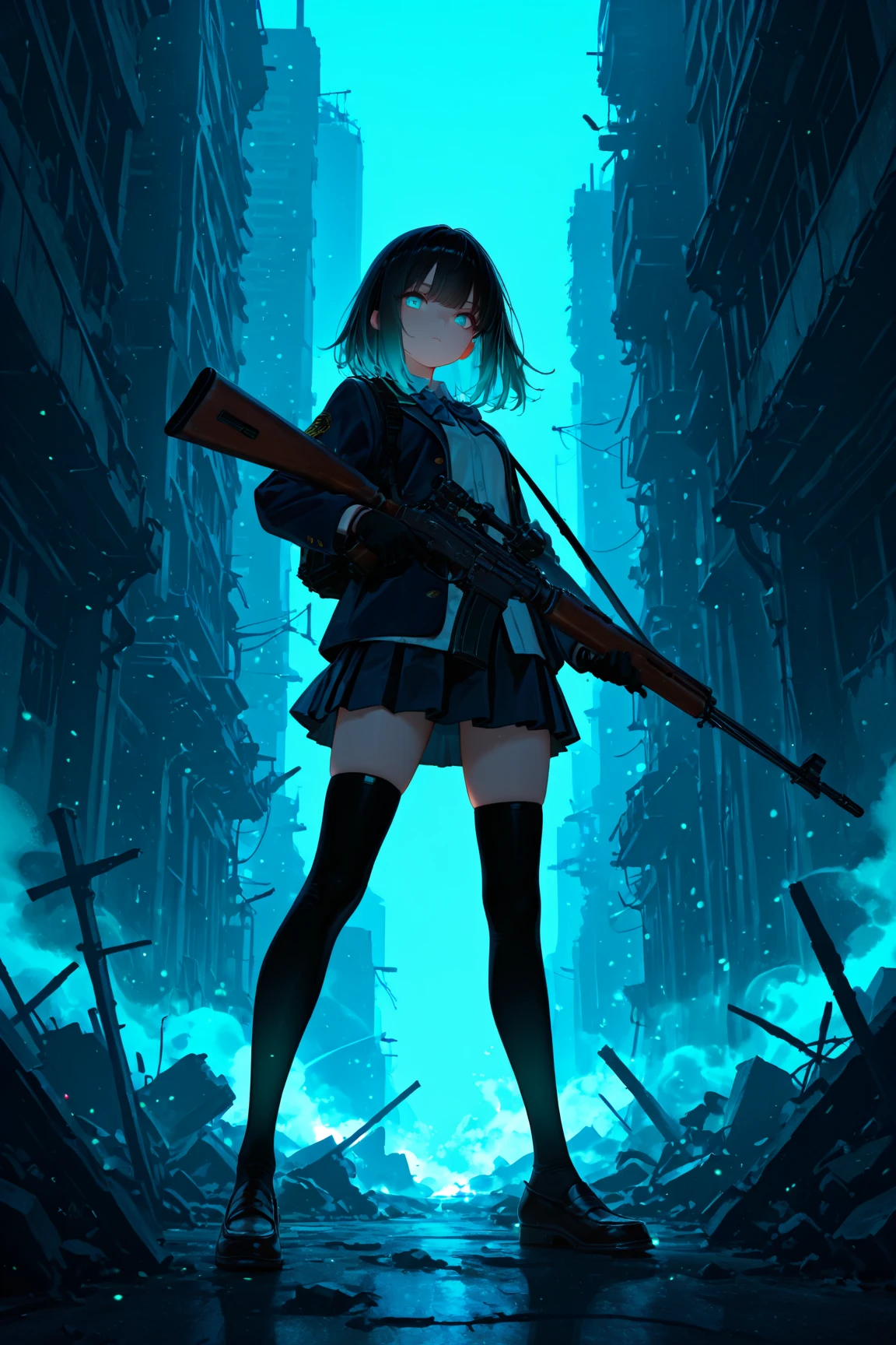 holding a pistol ,1 person、No sleeve、Ahegao、ponytail、blonde、amount、Blue Leather Shirt、Sara、No sleeve、best quality, super fine illustration,(((beautiful fine hair))),(((beautiful fine face))),(((beautiful fine background))),blue-black leather pants, silver zipper,belt below the waist,super fine illustration,(((beautiful fine hair))),(((beautiful fine face))),(((beautiful fine background))),normal small size,bangs bangs ,(((beautiful fine hair))),(((beautiful fine face))),(((beautiful fine background))),blond hair , showing forehead, silver center zipper, leather blue black bodysuit, sleevelesblue blacks, shiny, blonde ponytail