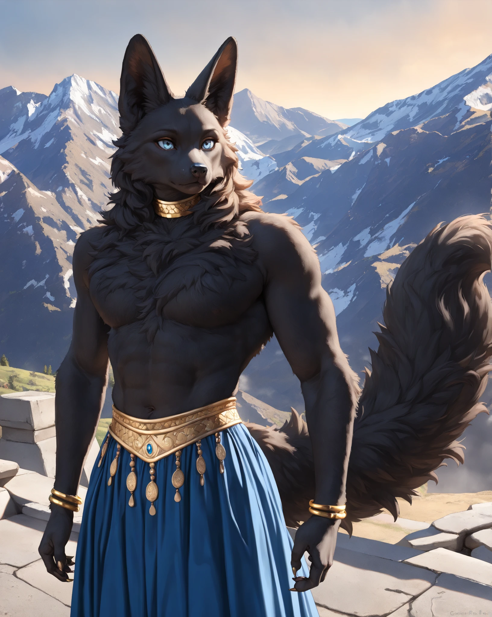 male, Gray Wolf, hairy, Smile, Gray fur, Black fur stripes, neutral, White loincloth,Dynamic Lighting, illustration, beautiful, particle (high quality,4K,8K,high resolution,masterpiece:1.2), Extremely detailed, Impressionism:rich and colorful,