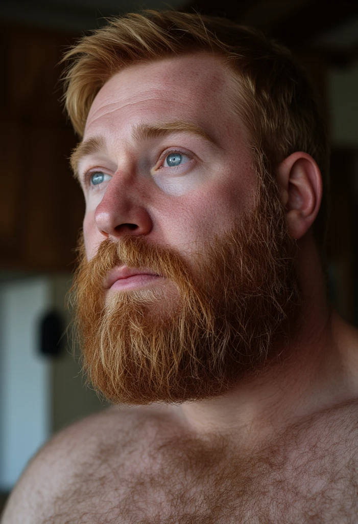 (8K, high definition, high quality, highly detailed) Chubby-faced handsome gingerhead. headshot. not looking at the camera. dramatic lighting. full beard. thick mustache.