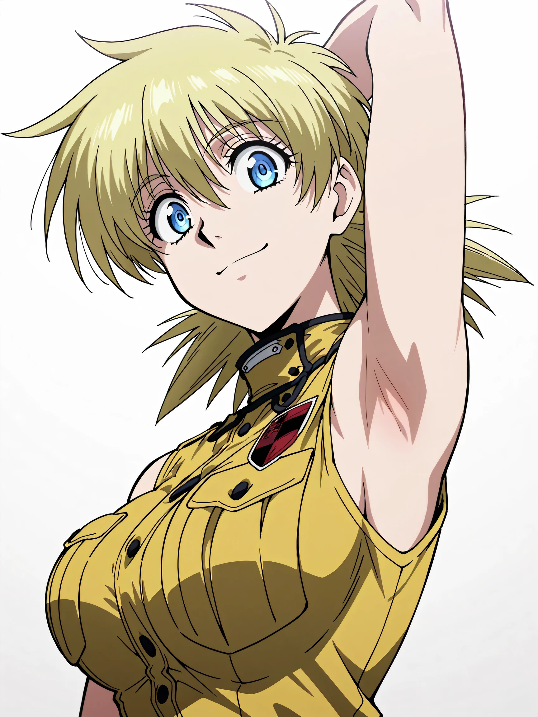 masterpiece, best quality, amazing quality, anime screencap, anime coloring, 1girl, solo, seras victoria, blonde hair, blue eyes, military uniform, yellow uniform, sleeveless,  shoulders,  arms, arm behind head, armpit, armpit focus, head towards viewer, looking at viewer, direct eye contact, smile, confident, closed mouth, white background, simple background, from side, from below 