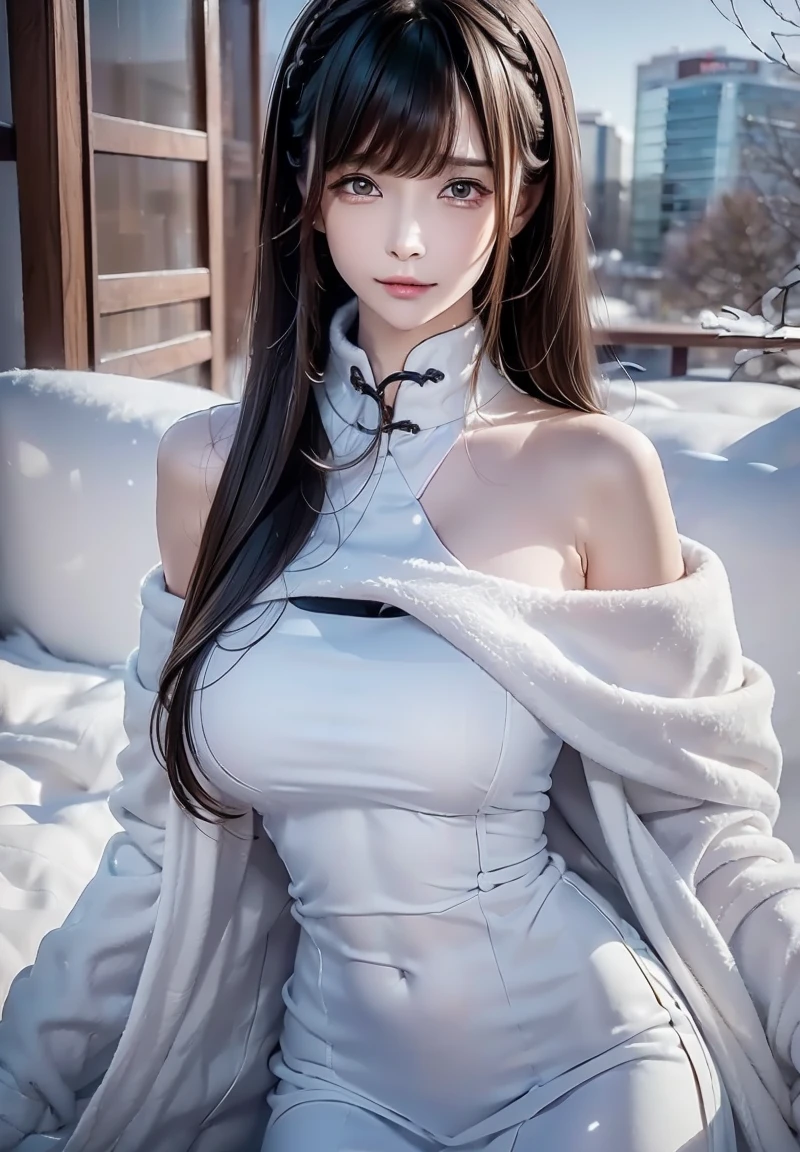 perfect figure beautiful woman:1.4, Layered Hair Style, Protruding cleavage, Snow 2D costume:1.5, jewel, Highly Detailed Face and Skin Textur, double-edged eyelid, Whiten the skin, long hair, Collar, background snow plains, diamond dust