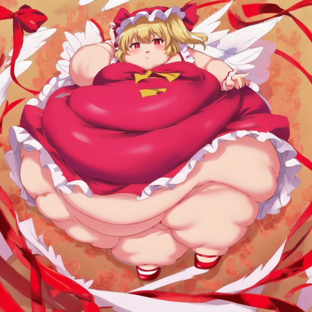Fat flandre_scarlet_Desire, blonde_hair, Cute and fat face, big cheeks, small breasts, Wings, red_eye, Crystal, bangs, blush, smile, vampire fangs, red bikini, hair_among