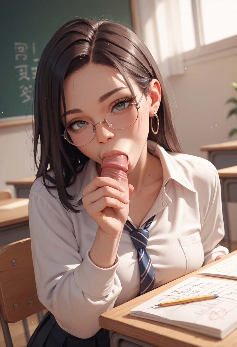 A very beautiful brunet, sexy woman,(bad face:1.5, angry), wearing a sexy button-up shirt white, cleavage, medium breast, pantyhose sexy, red checkered micro skirt, very gorgeous body, sexy pose, (((pov blowjob, view from above, kneeling))), in the classroom, spreading legs, green sexy eyes, eyeglasses, lipstick, eyelash, full body view.