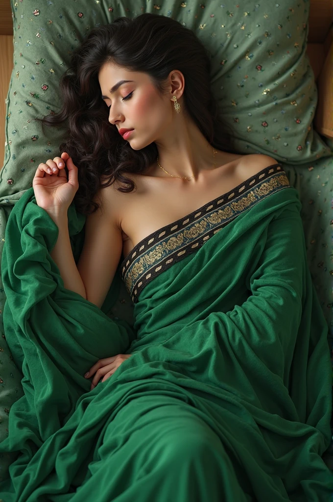 A girl is sleeping with saree black border green colour full body displayed