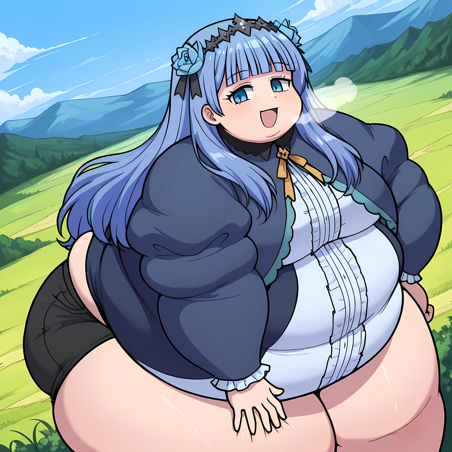 saori joumae, blue eyes, blue hair, halo, long hair, adventurer clothes, light armor:1.3, lake, fantasy background, armored leotard,  fat face, fat neck, double chin