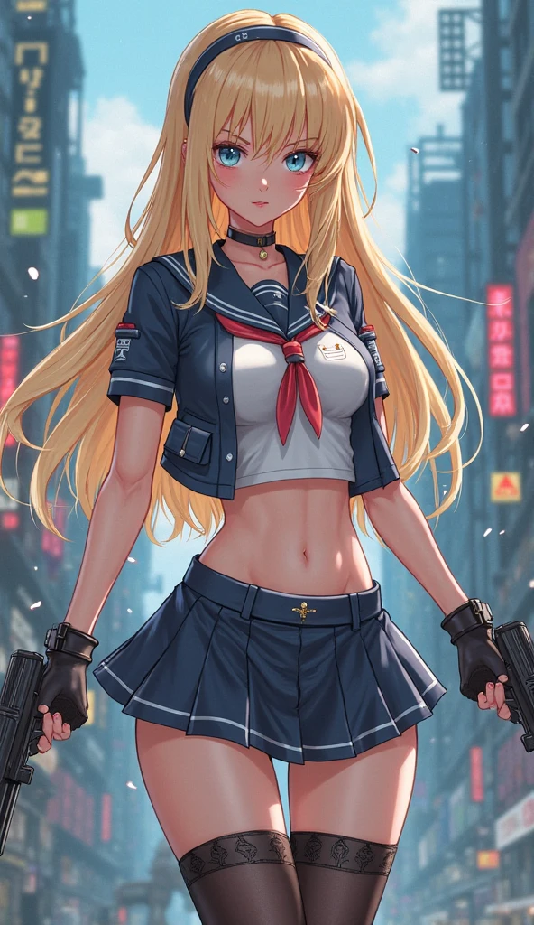 (masterpiece),best quality,from_below,cowboy_shot,mid_shot,1girl,solo,looking at viewer,Mini bikini,1girl,solo,skirt,(twintails:1.2),pantyhose,shirt,black shirt,rifle,holding,outdoors,blonde hair,holding weapon,holding gun,white skirt,parted lips,day,assault rifle,long hair,