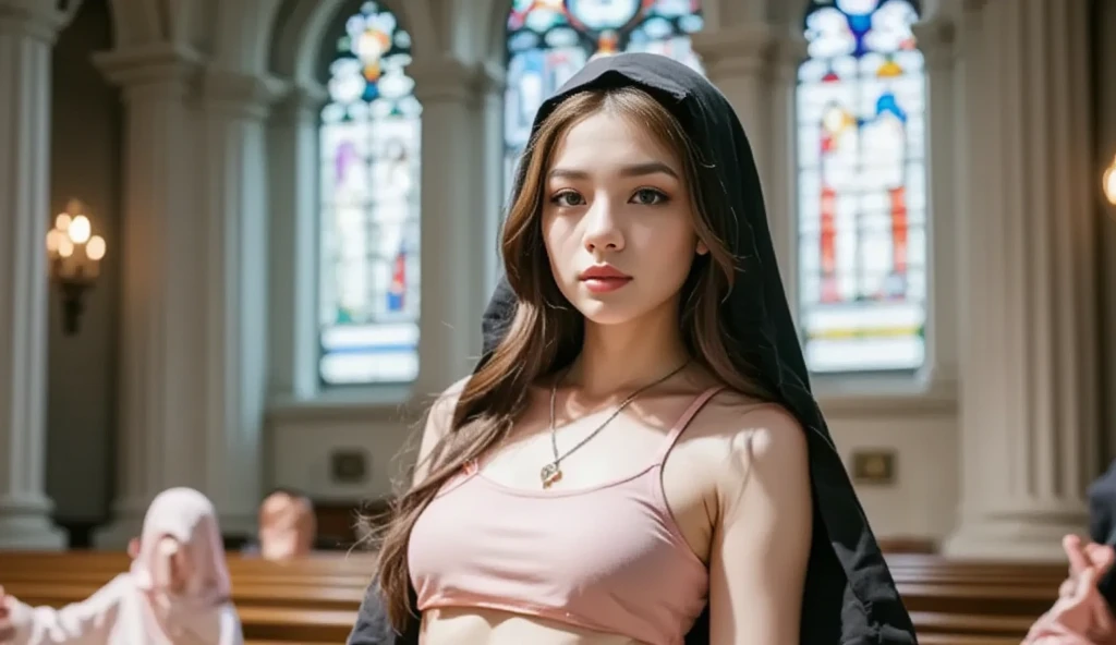 Sexy Malay teenage woman wearing black hijab and sleeveless dress posing with her armpits